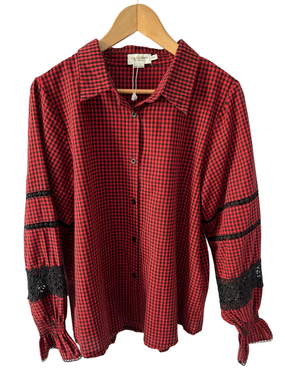 LILI SIDONIO x Molly Bracken Gingham Button-Down Shirt M/L Lace Trim Red Black